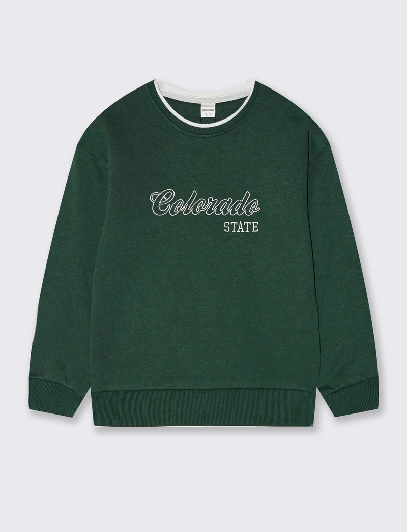Felpa girocollo con ricamo e comfort - Verde abete