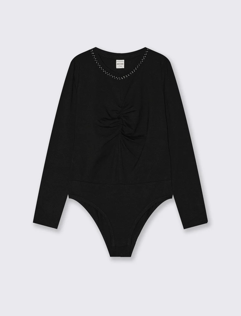 Body in jersey bicolore con strass - Nero