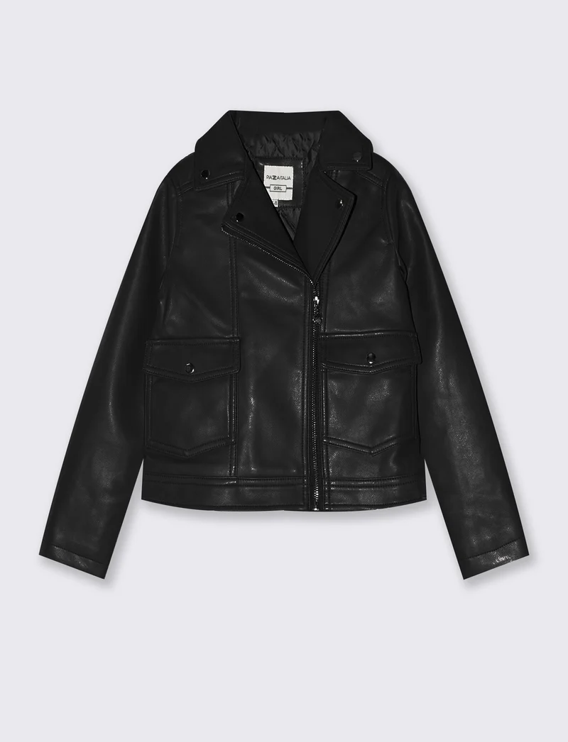 Giacca biker in finta pelle con zip - Nero