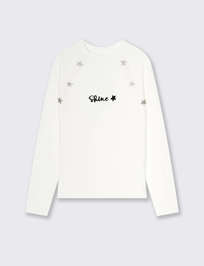 Maglia manica lunga con ricamo e bottoni - Bianco latte