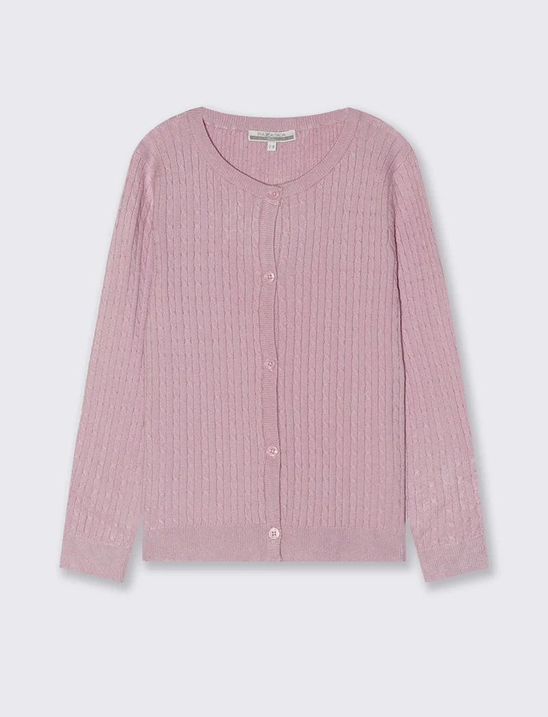 Cardigan girocollo a maniche lunghe treccia - Rosa polvere