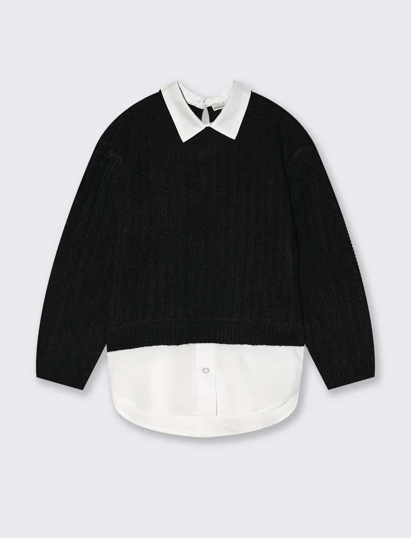 Maglia manica lunga con finta camicia - Nero
