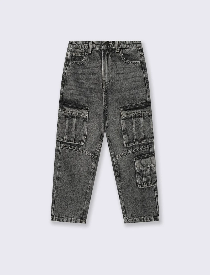 Jeans cargo grigio con tasconi laterali - Grigio