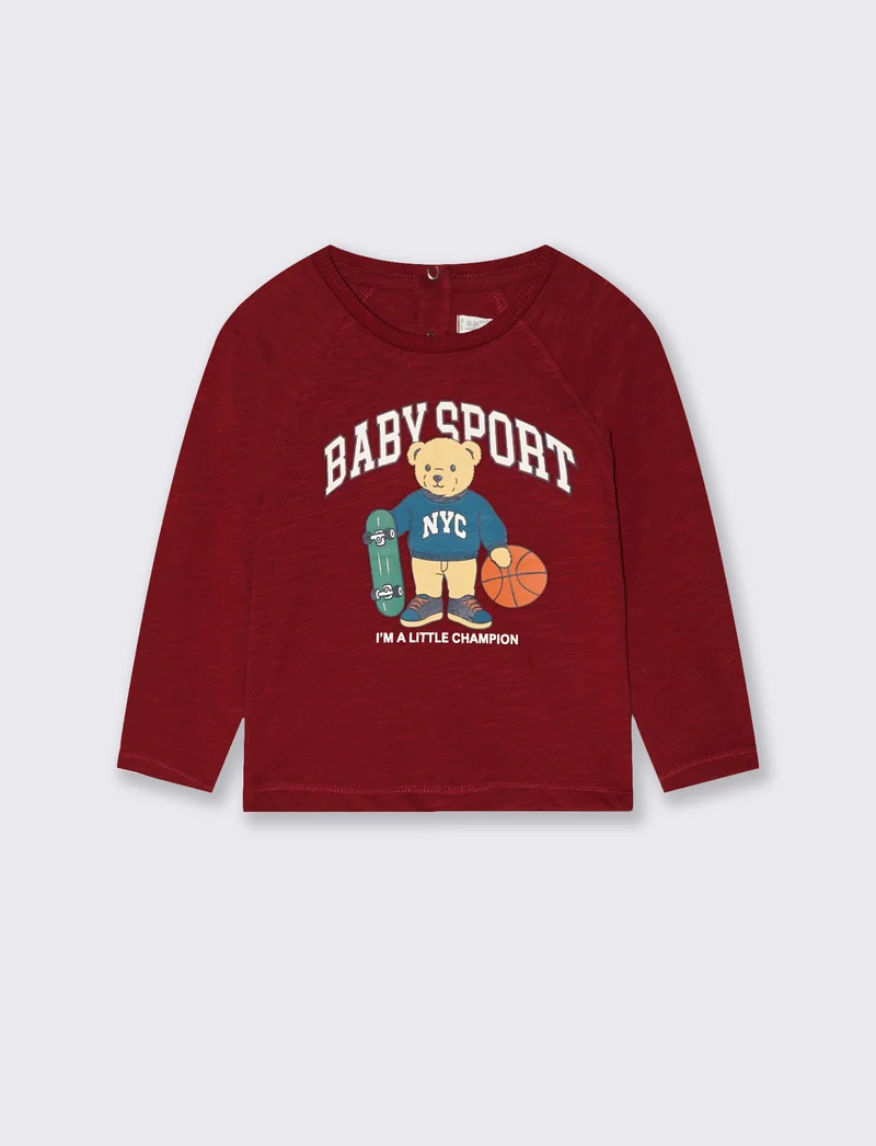 T-shirt neonato manica raglan con stampa - Bordeaux