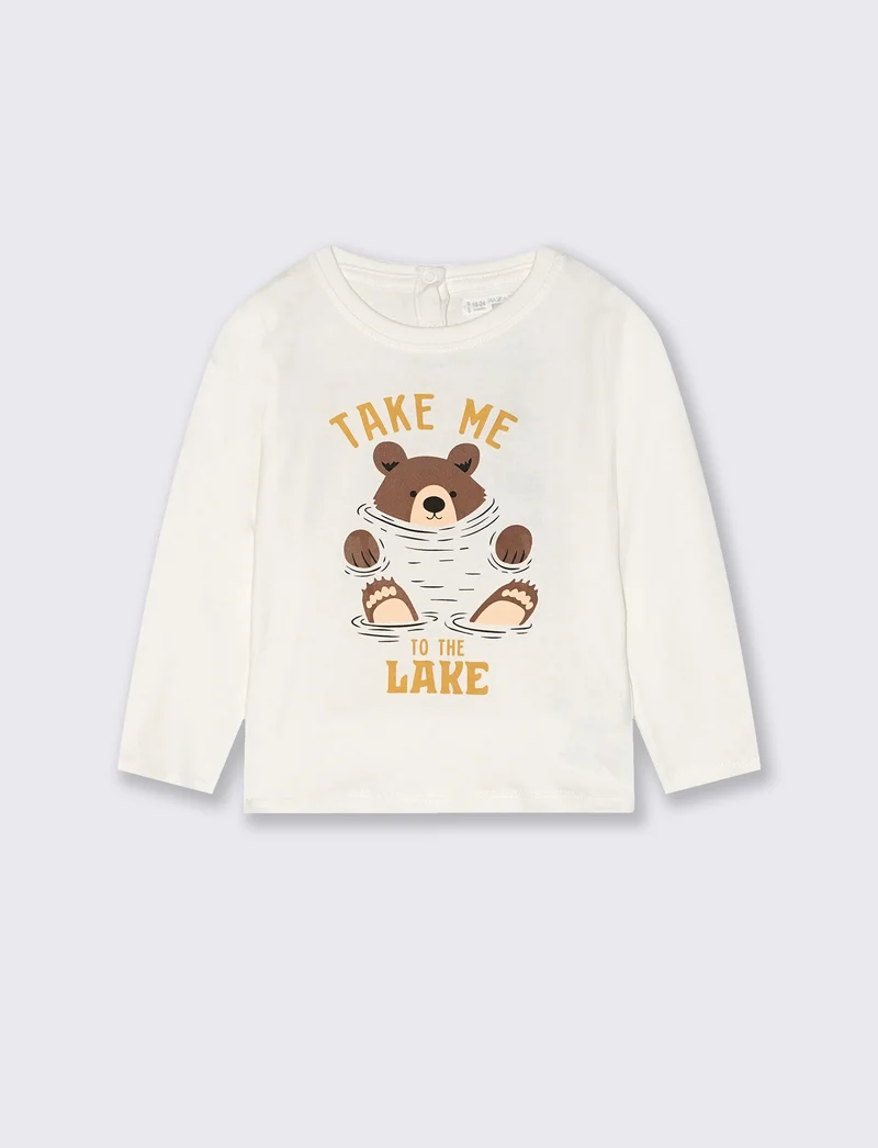T shirt girocollo manica lunga basica con stampa - Bianco latte