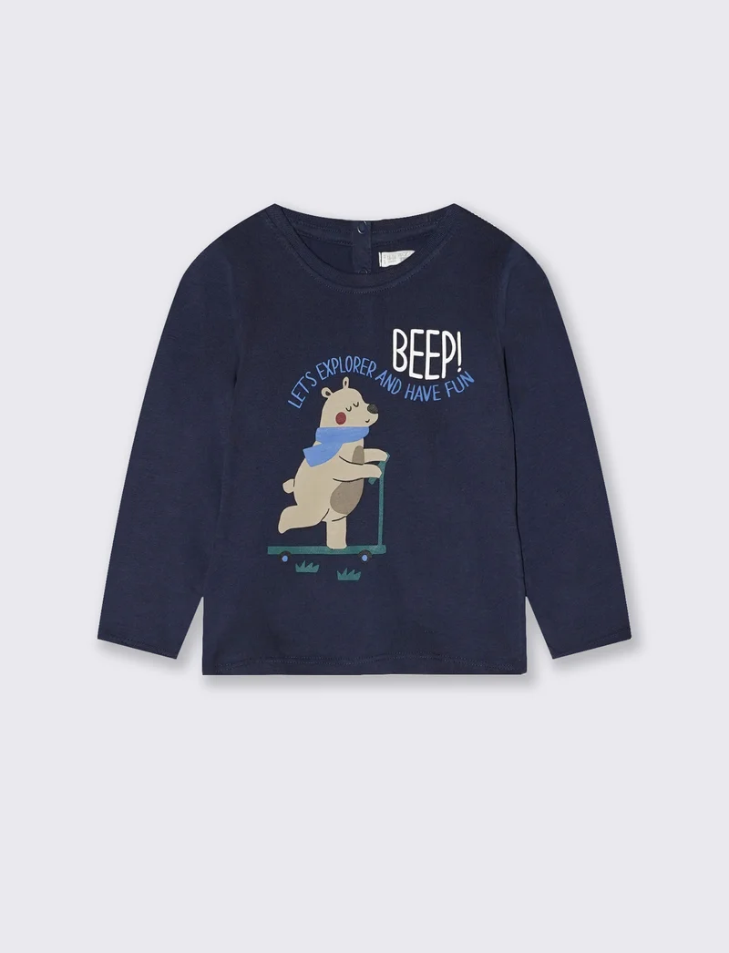 T shirt girocollo manica lunga basica con stampa - Blu