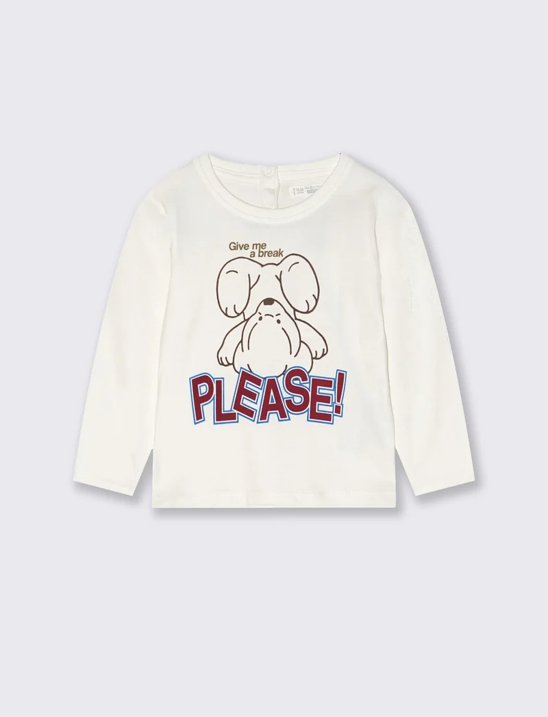 T shirt girocollo manica lunga con stampa - Bianco latte