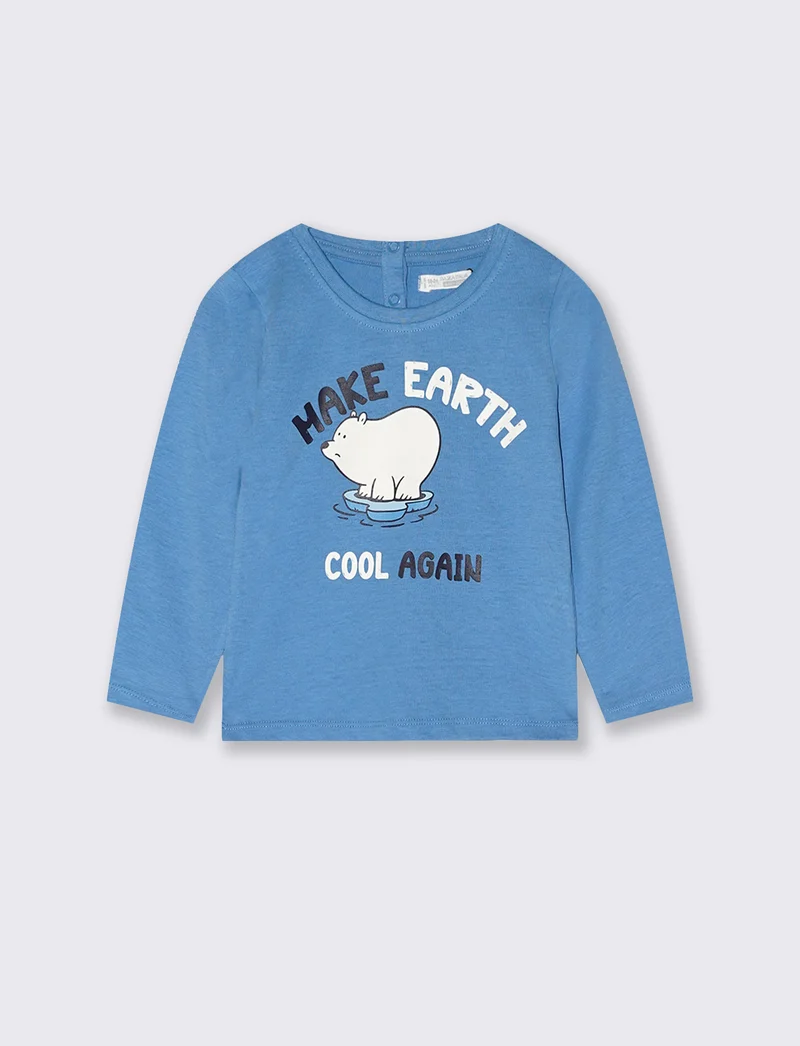 T shirt girocollo manica lunga con stampa - Blu oceano