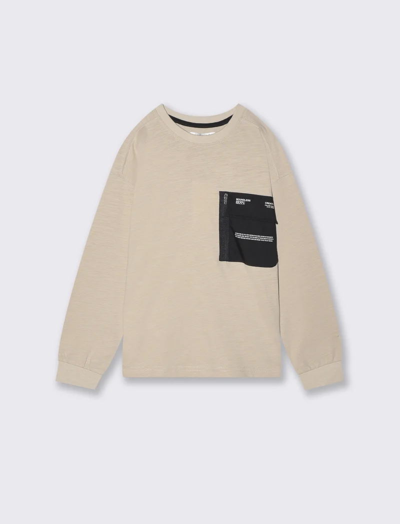 T-shirt effetto slub con maxi tasca - Beige