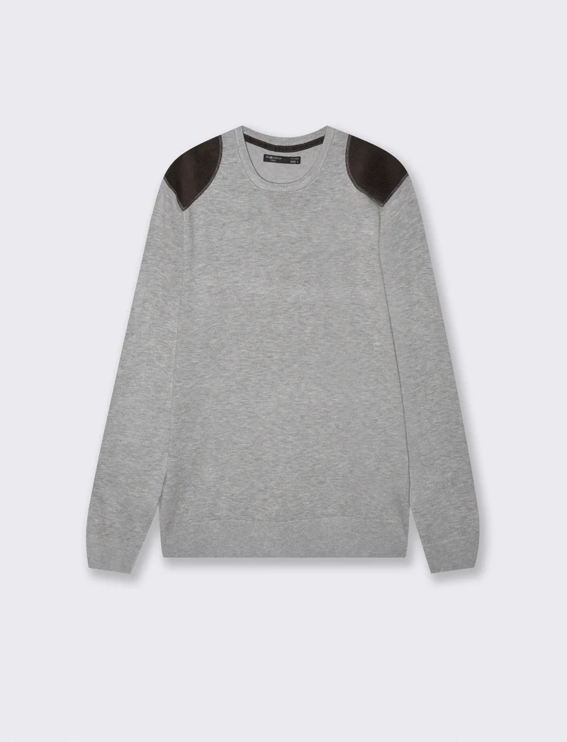 Maglia girocollo slim fit con toppe velluto - Grigio mel.