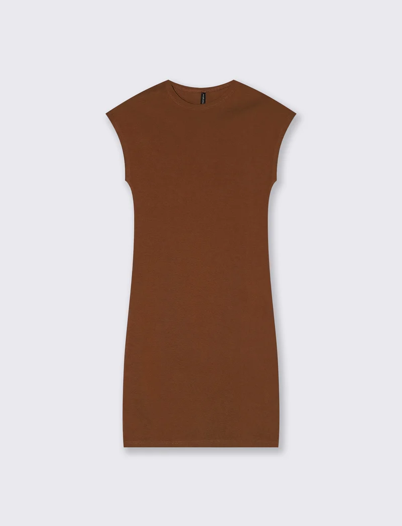 Vestito corto a costine con manica a T - Marrone cioccolato
