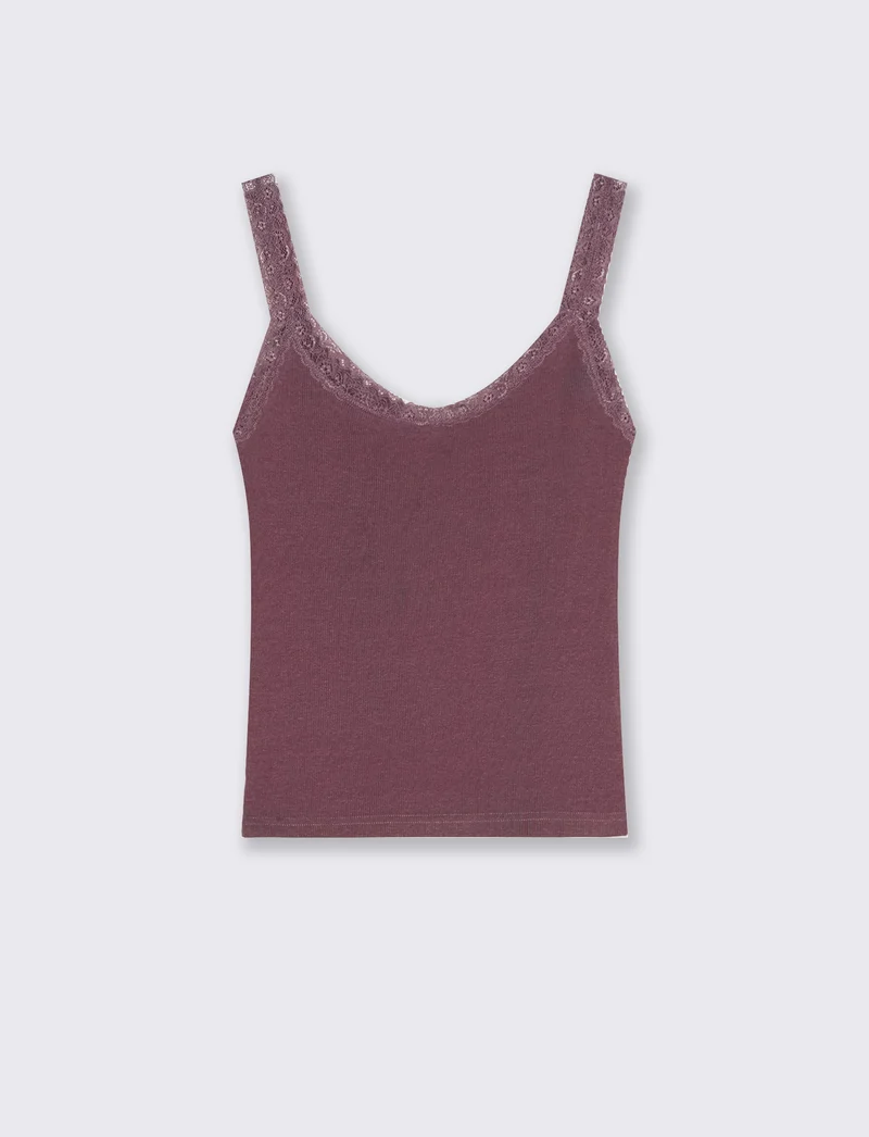 Top giromanica a costine con pizzo - Rosso amarena