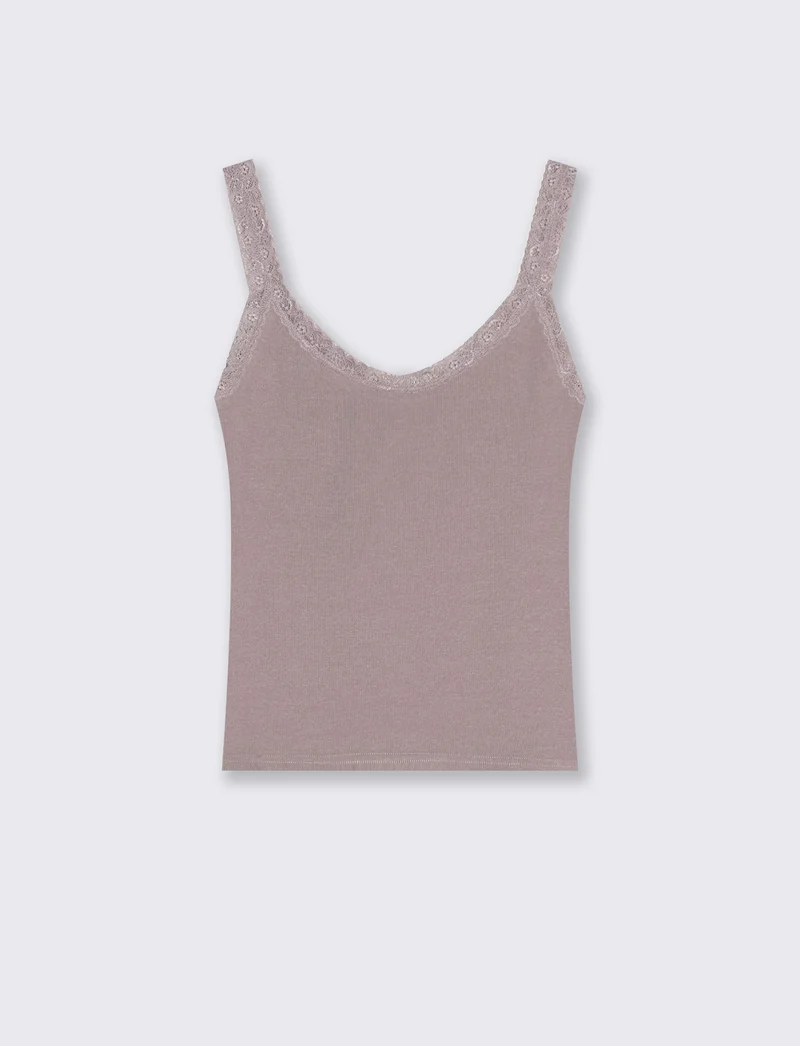 Top giromanica a costine con pizzo - Viola glicine