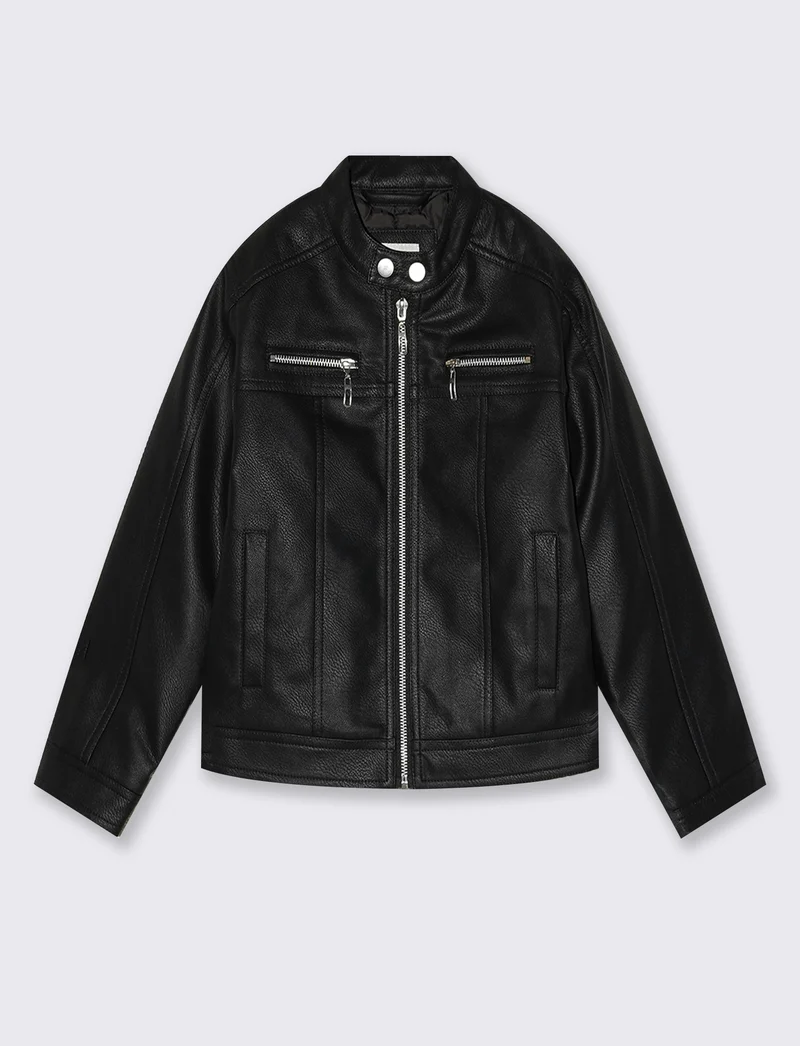 Giubbotto Biker con collo rotondo e cerniera - Nero