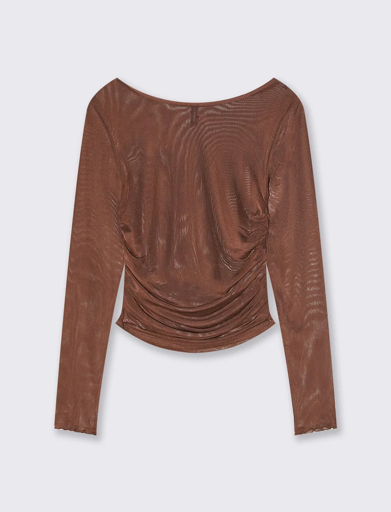 T-shirt in rete stampata con arriccio - Marrone cioccolato
