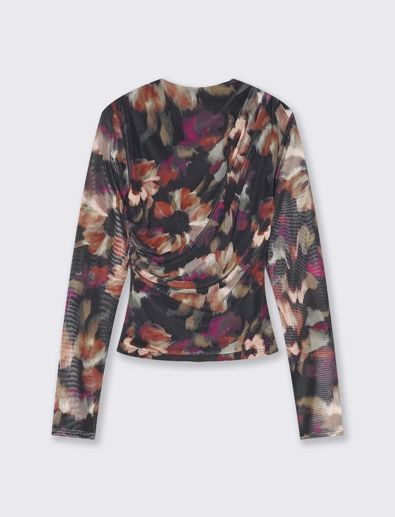 T-shirt in rete stampata con arricciature - var 2