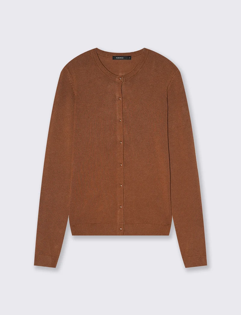 Cardigan basico girocollo con bottoni - Marrone tabacco