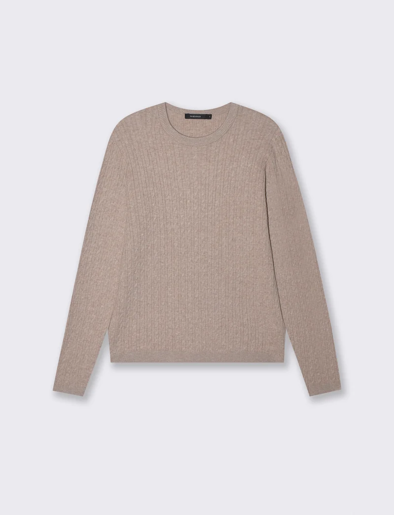Pullover a trecce manica lunga girocollo - Beige grano