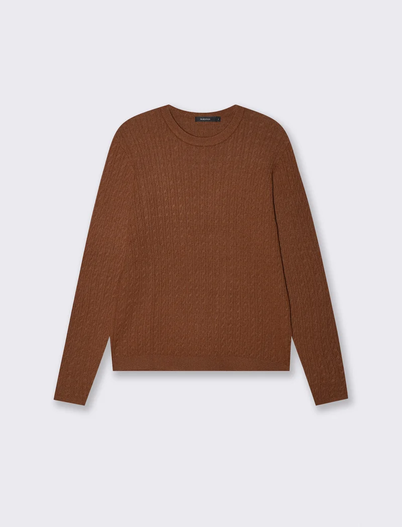 Pullover a trecce manica lunga girocollo - Marrone tabacco