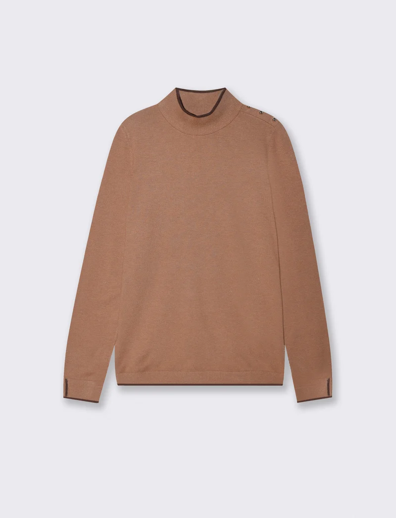 Pullover collo alto con contrasto e bottoni - Cammello