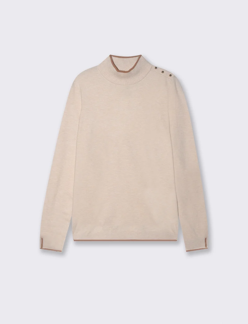 Pullover collo alto con contrasto e bottoni - Avorio