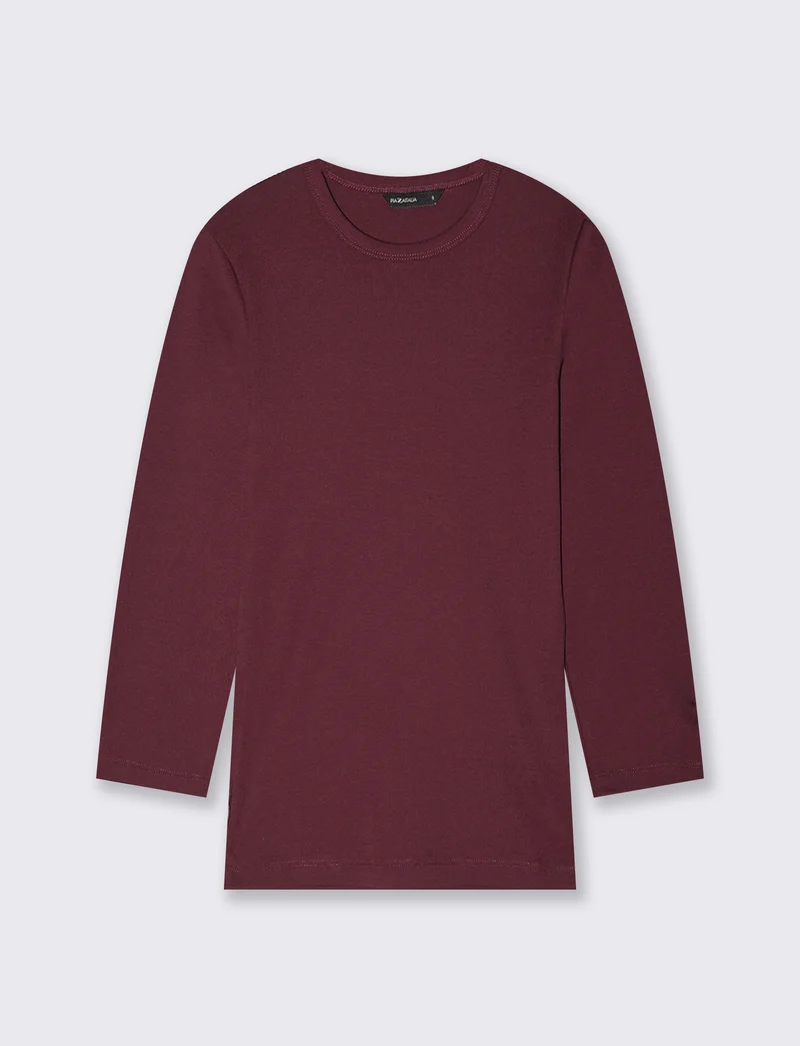 T-shirt basica a costine girocollo 3/4 - Viola prugna