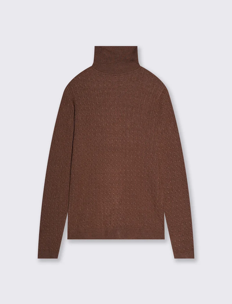 Maglia a trecce con collo alto - Marrone tabacco