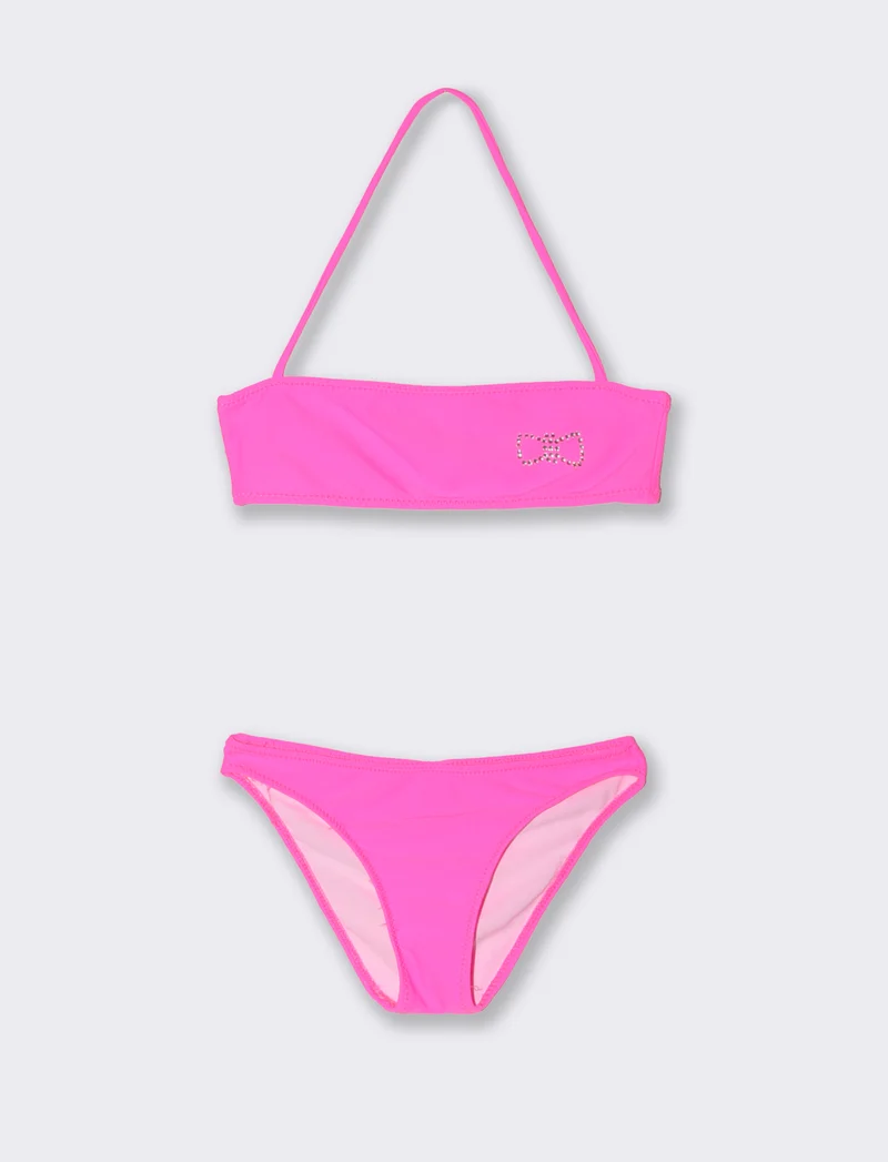 Costume due pezzi bambina con strass fiocco - Fuxia