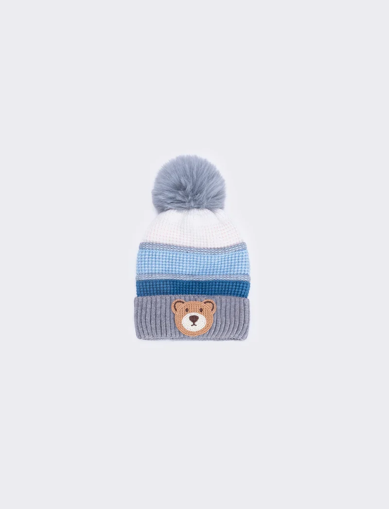 Cappello in maglia con orsetto e pon pon - Azzurro