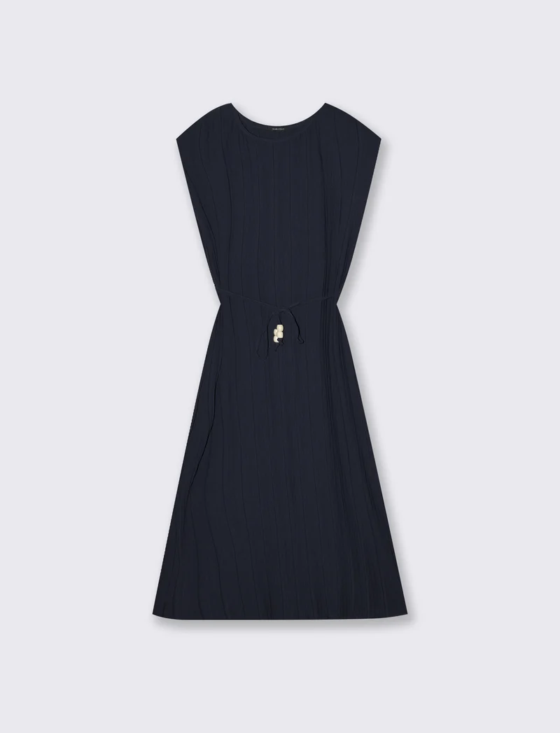 Abito midi plissé con cintura e spalline - Blu