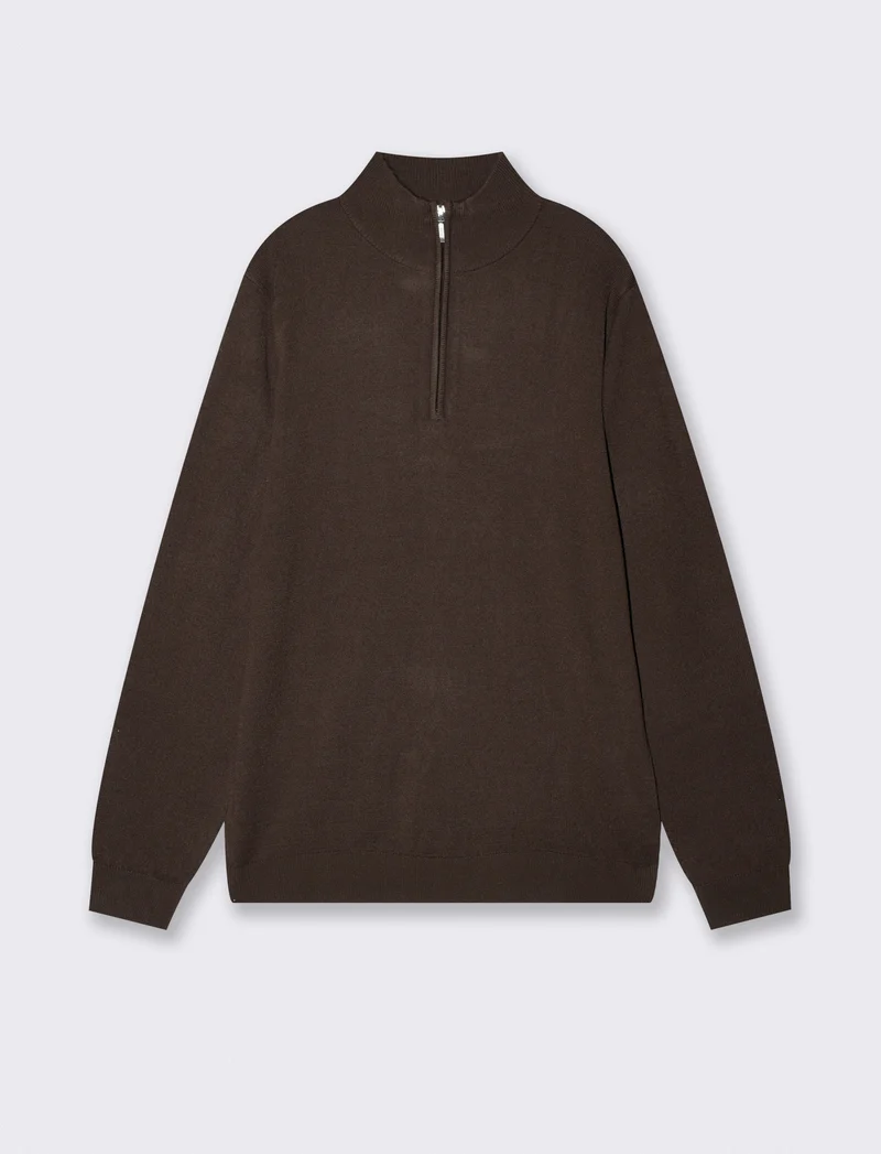 Maglia basic collo alto con zip - Moro