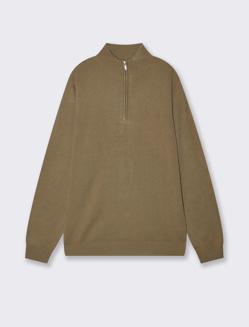 Maglia basic collo alto con zip - Verde kaki