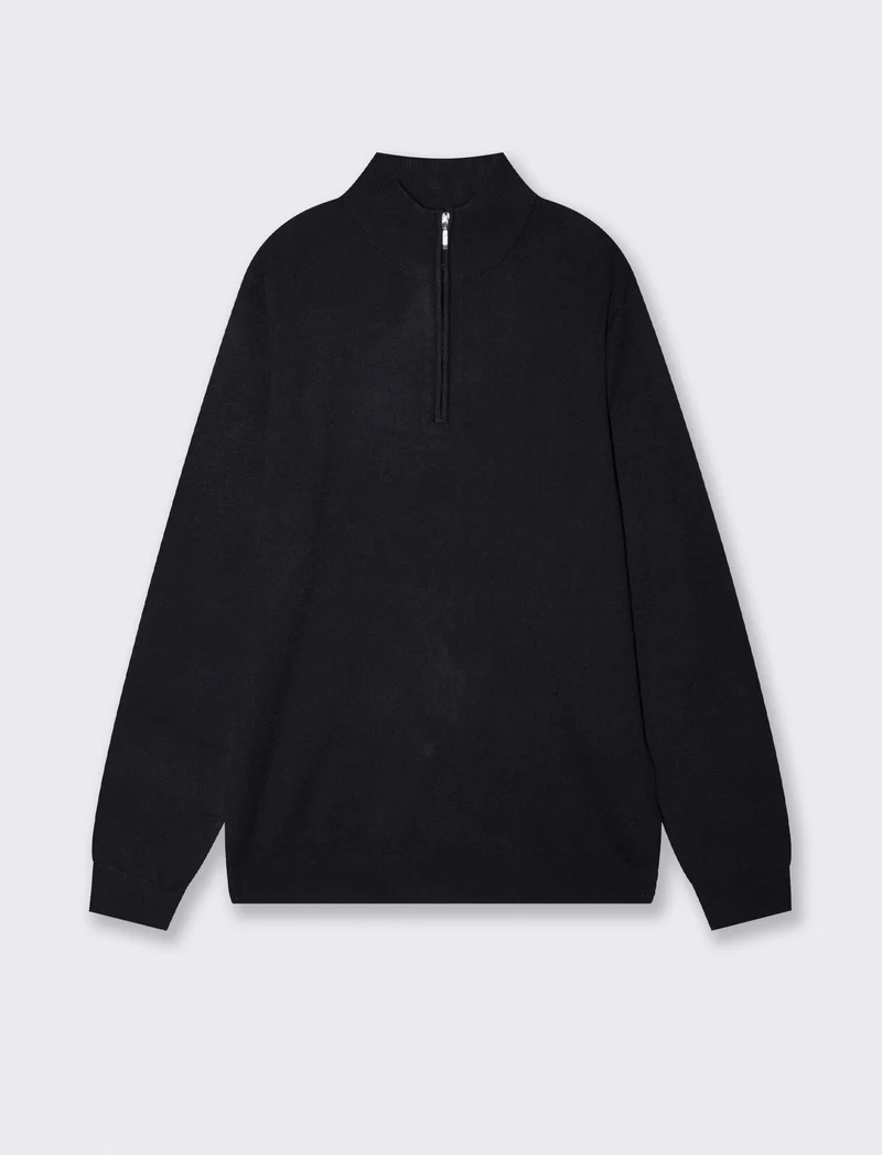 Maglia basic collo alto con zip - Blu