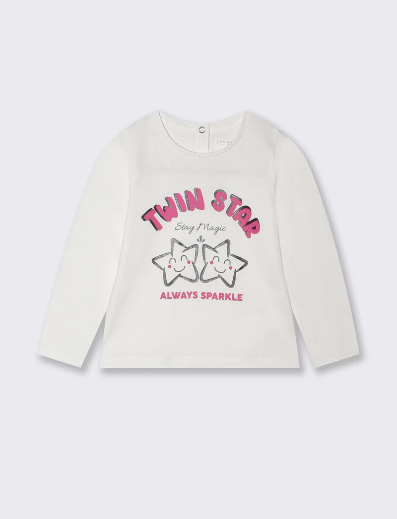 T-shirt basica con stampa brillante - Bianco panna