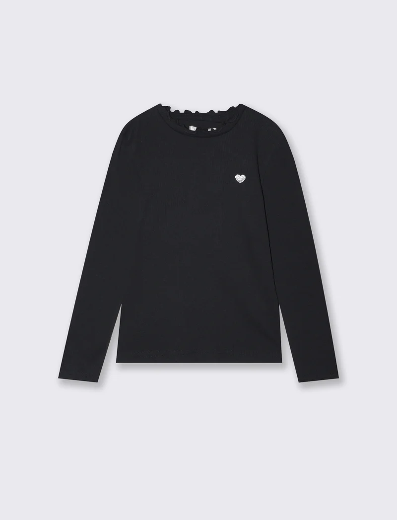 T-shirt manica lunga in cotone rib con fiocco - Nero