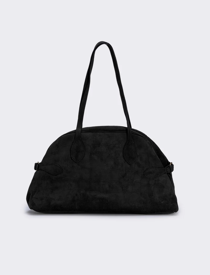 Borsa bowling suede con stampa cocco - Nero