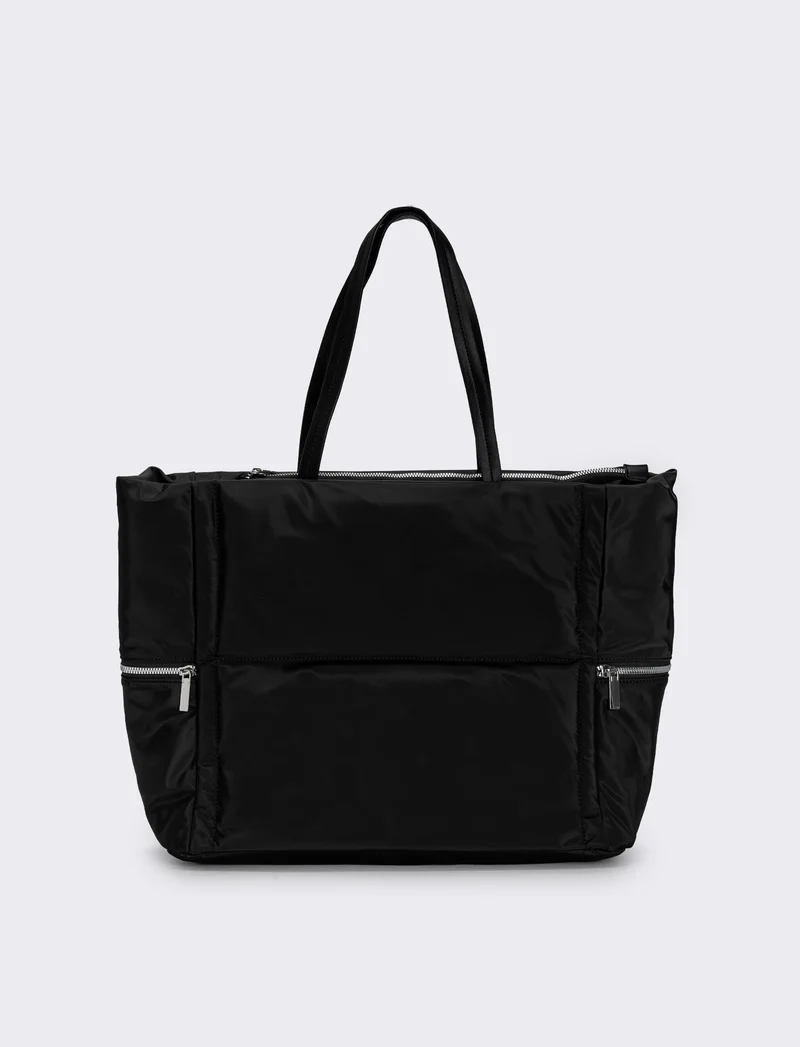 Shopper nylon con tasche laterali zip - Nero
