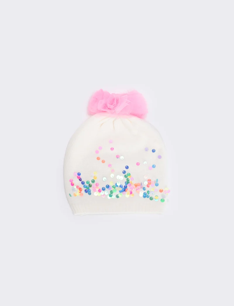 Cappello paillettes con pon pon in tulle - Bianco sporco