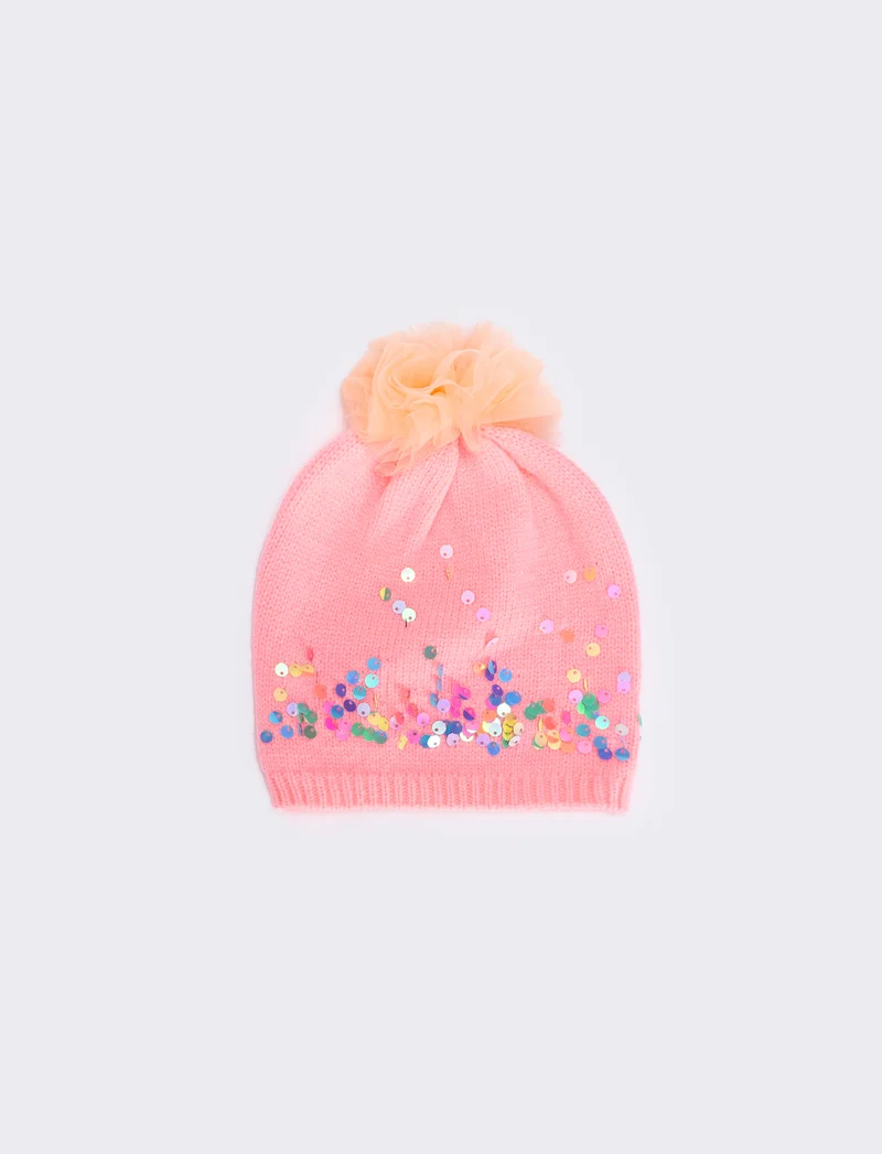 Cappello paillettes con pon pon in tulle - Fuxia