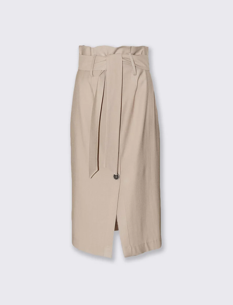 Gonna midi con bottoni e cintura vita - Beige