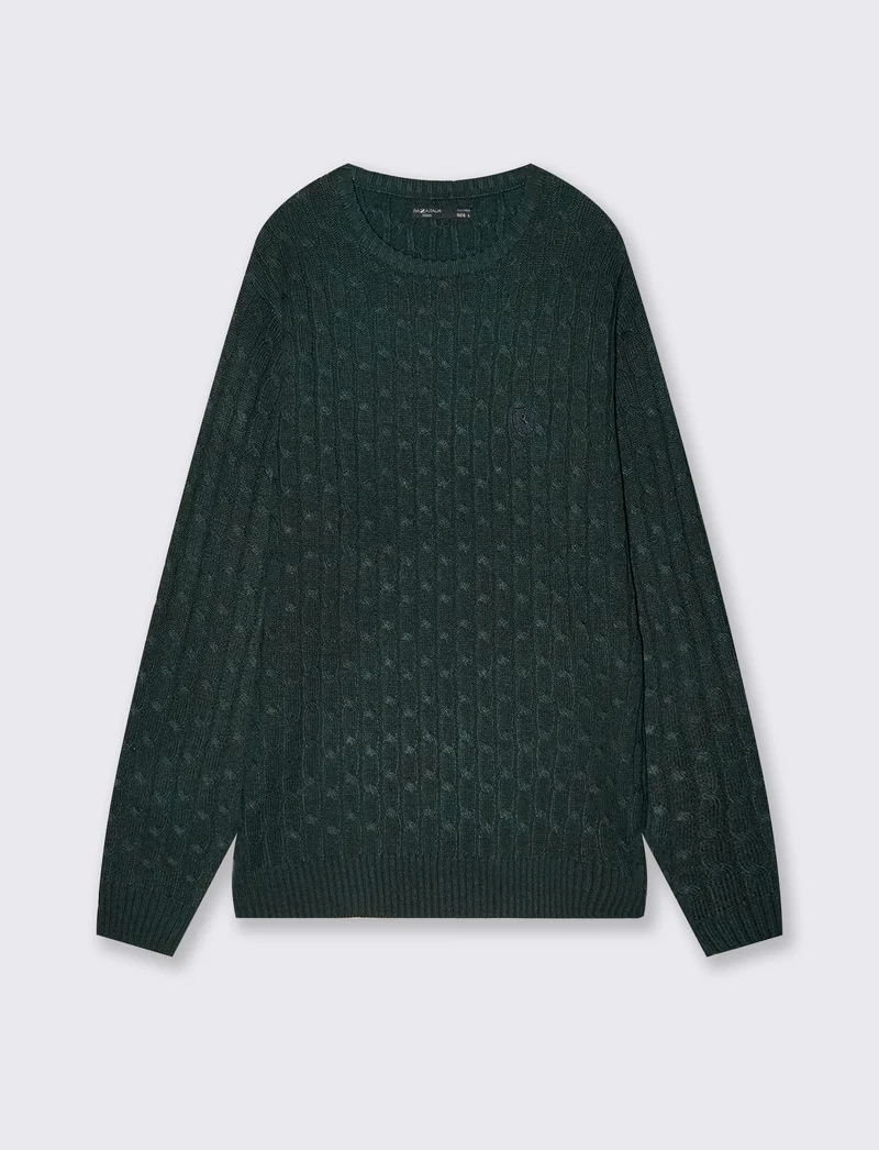 Maglia girocollo a trecce con ricamo - Verde scuro