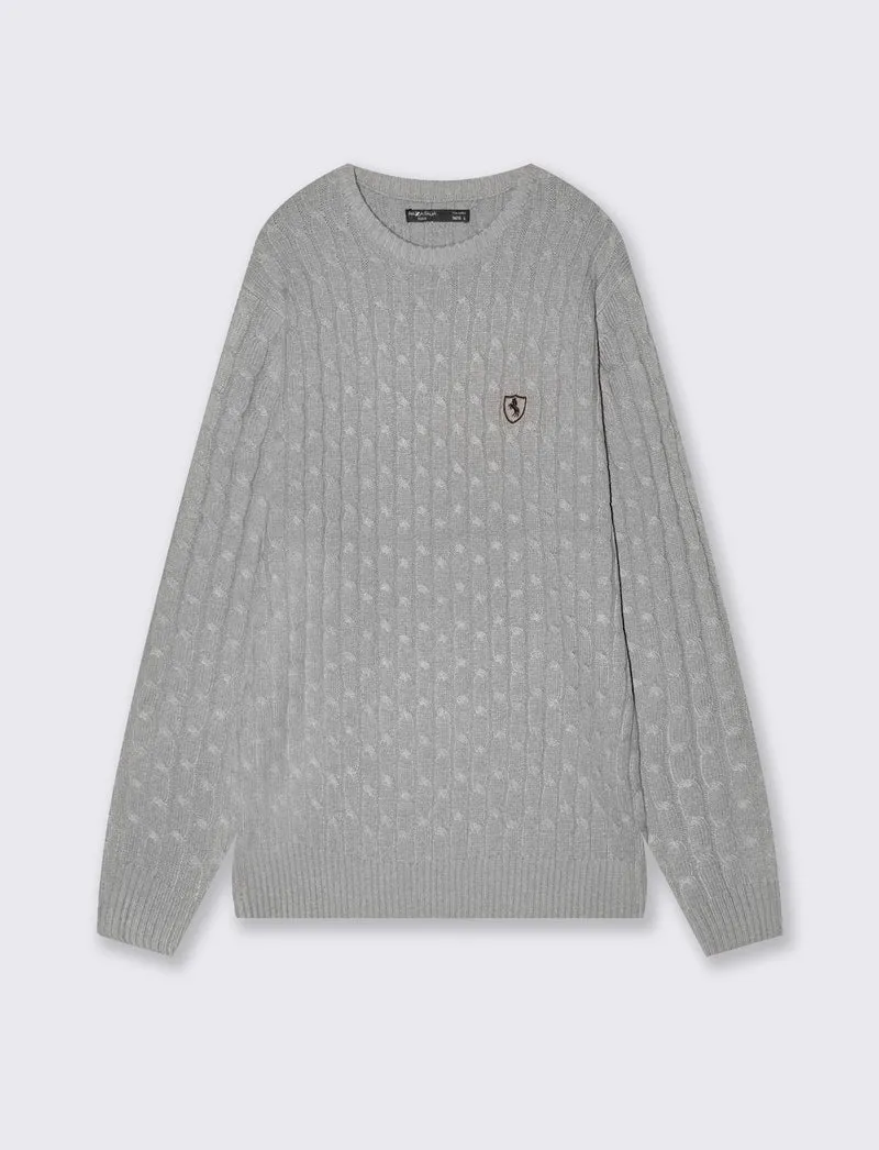 Maglia girocollo a trecce con ricamo - Grigio mel.