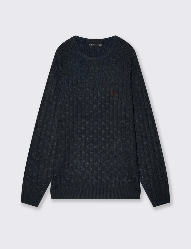 Maglia girocollo a trecce con ricamo - Blu