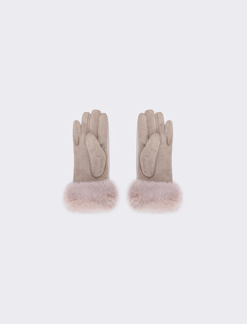 Guanti effetto pelle con pelliccia - Beige