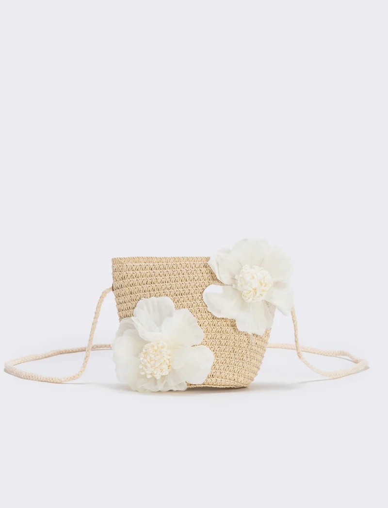 Borsetta paglia con fiori per bambina - Beige