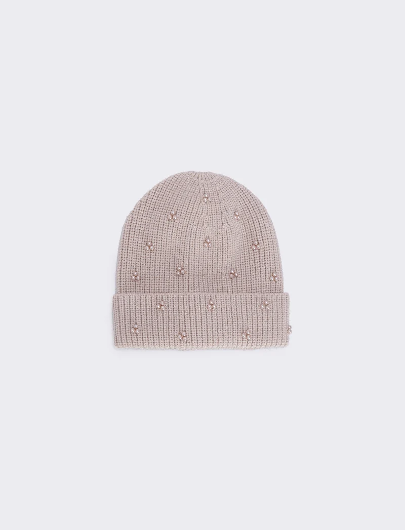 Cappello maglia con perline e risvolto - Beige
