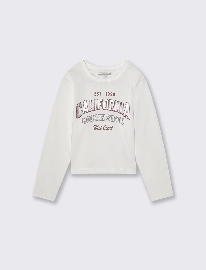 T-shirt manica lunga con strass e stampa - Bianco latte