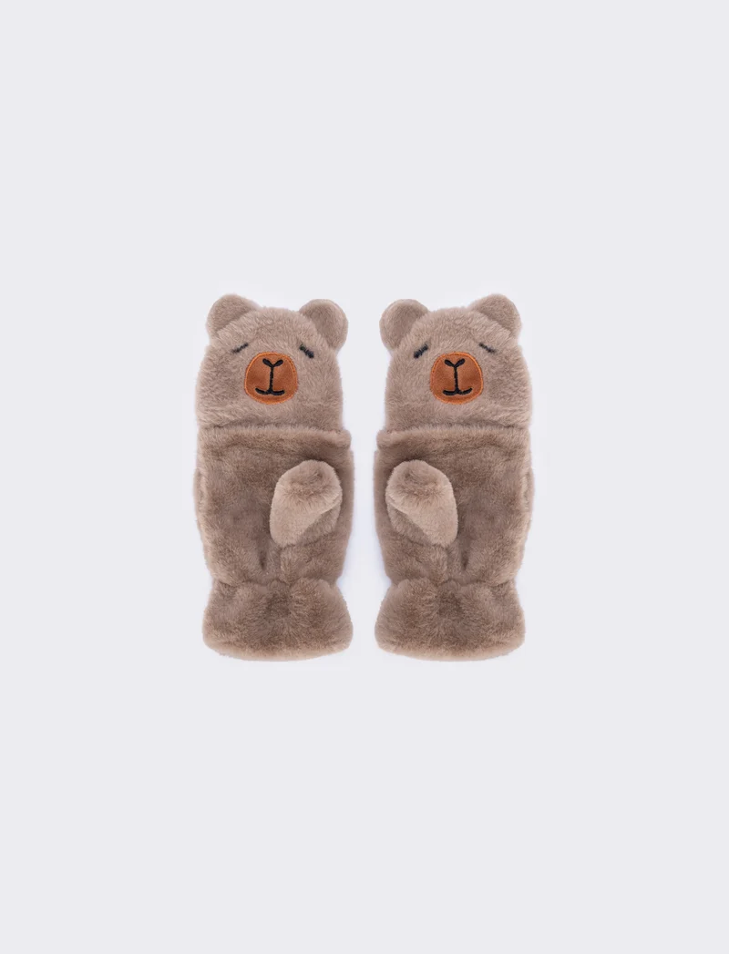 Guanti bambina animalier in finta pelliccia - Beige