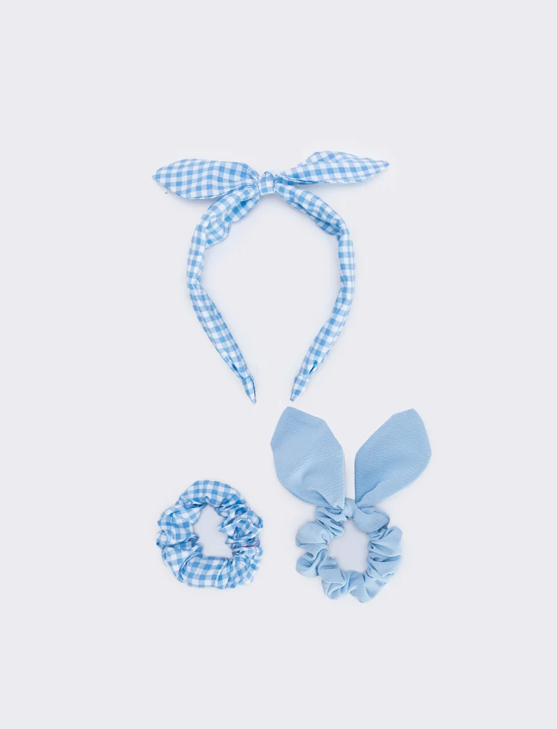 Set cerchietto e elastici vichy - Azzurro