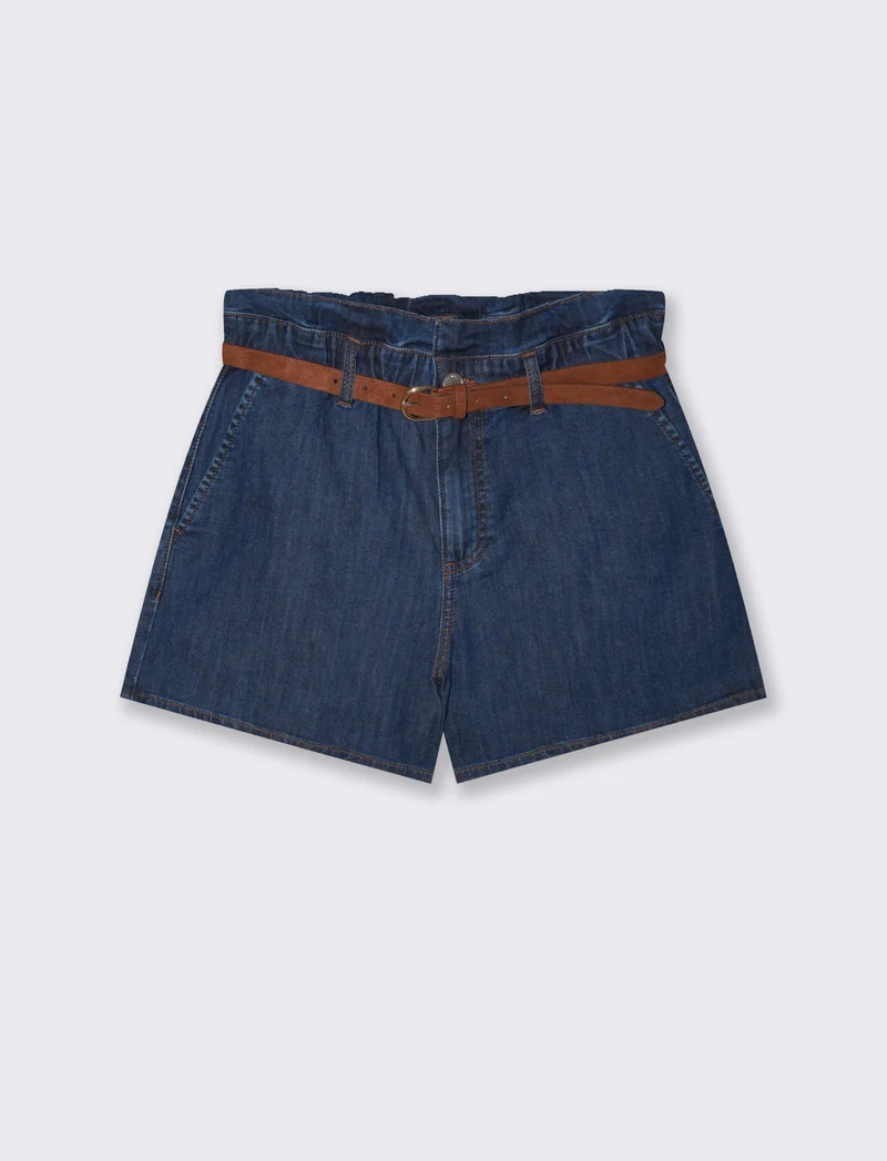 Short con rouches e cintura abbinata - DENIM SCURO